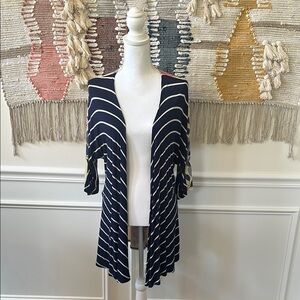 Honeyme 2 Sided Cardigan-Navy White Striped Front w Floral Yellow and Pink Back